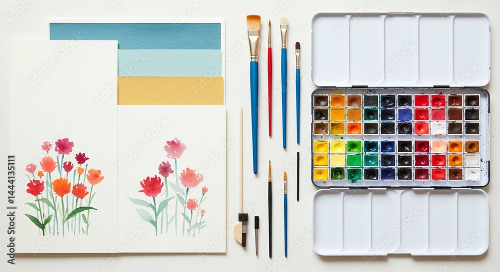 Fototapeta premium Painting Flower Art with Watercolor Supplies on White Surface