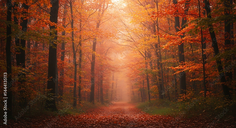 Fototapeta premium An autumn forest with vibrant red, orange, and yellow leaves