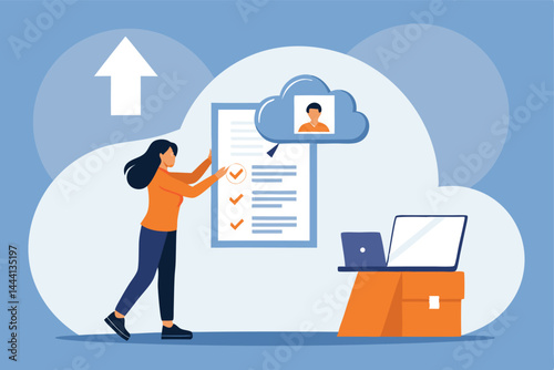 Illustrate a vector graphic depicting online resume submission; a person clicking a "submit" button, uploading a document icon, with a progress bar showing successful upload.