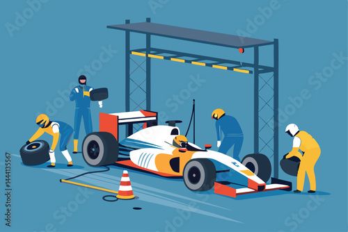 Create a vector illustration depicting the frantic energy of a pit stop during a racing car competition. Show mechanics swarming around a car undergoing rapid repairs and tire changes.