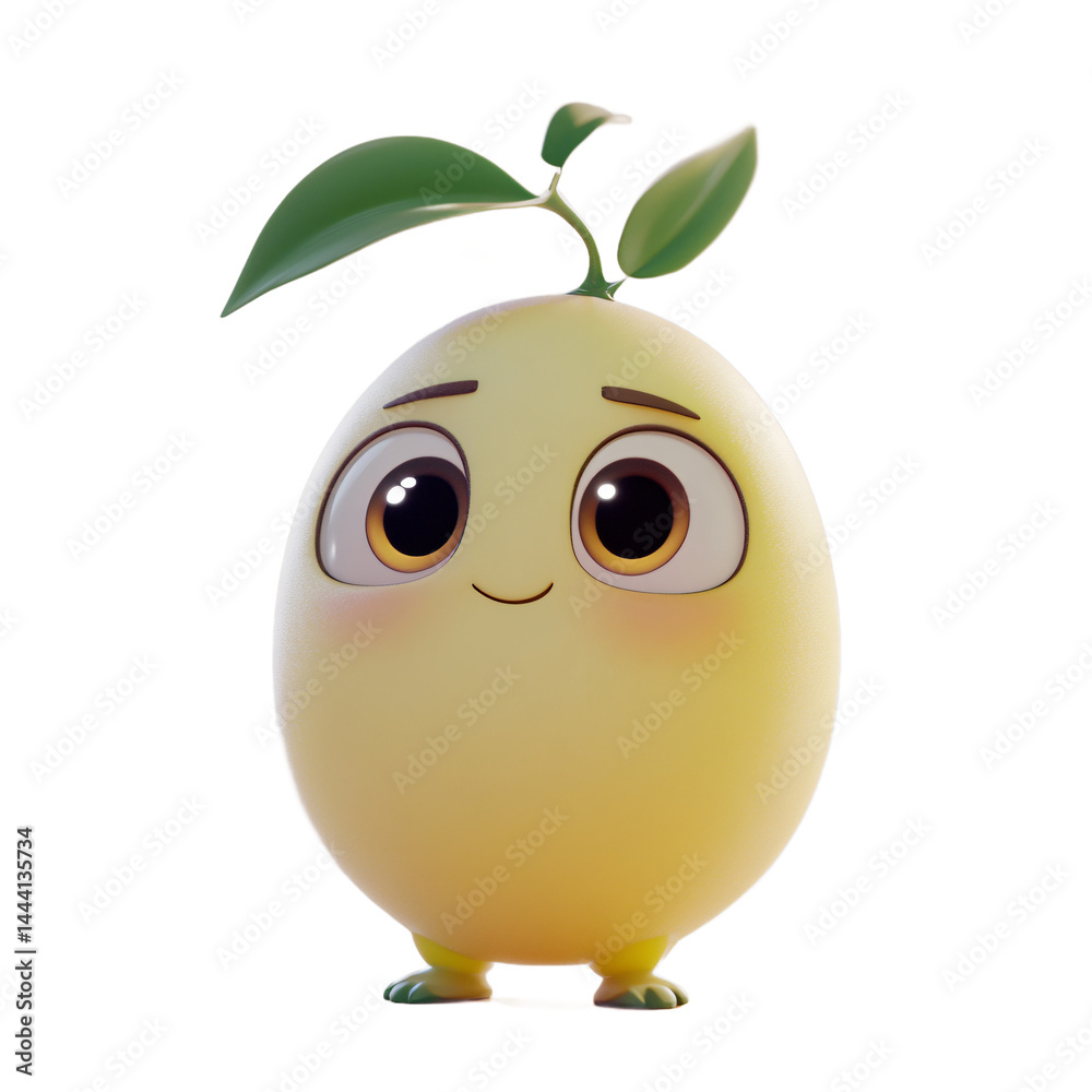 Digitally rendered, friendly yellow fruit character with large eyes, leaves, and a cheerful expression. Digitally rendered, friendly yellow fruit character with large eyes, leaves, and a cheerful expression.