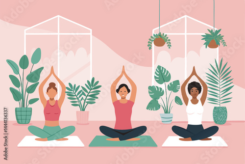 Design a vibrant vector banner showcasing serene yoga poses within a stylized Indonesian studio setting.  Include calming colors and intricate details.
