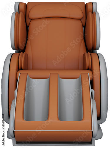Modern massage chair in orange and gray, featuring an ergonomic design with padded armrests and leg compartments. Furniture PNG isolated on a transparent background.