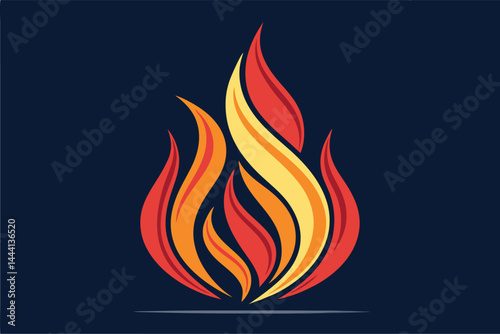 Create a vibrant vector illustration of an abstract flame shape, incorporating dynamic curves and gradients.  Emphasize fiery colors and a sense of movement.