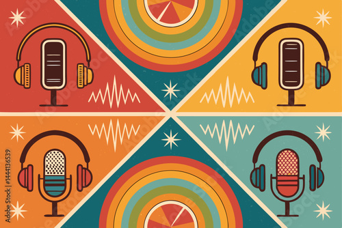 Design a vibrant retro-style background featuring a repeating podcast microphone icon pattern.  Use bold colors and a 1970s aesthetic.