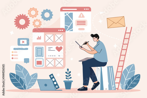 A vector illustration of a graphic designer meticulously prototyping a mobile app interface on a laptop, showcasing UI/UX design process.