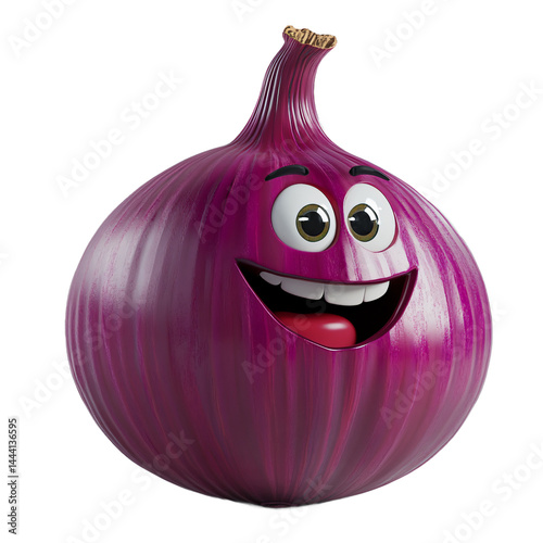 Digitally rendered, expressive cartoon onion with a happy face.