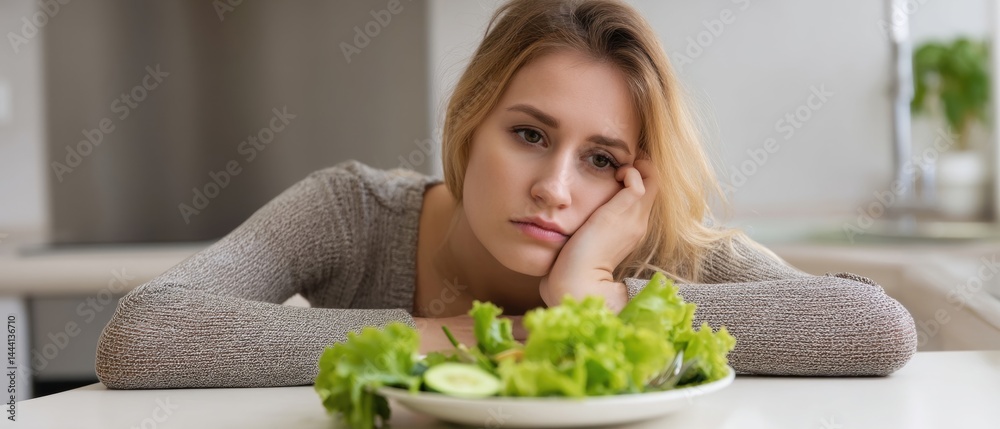 Frustrated woman looking at a salad, expressing disinterest in healthy eating.