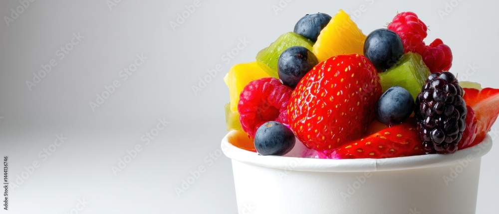 Colorful fruit salad in a white cup featuring strawberries, blueberries, raspberries, and other tropical fruits.