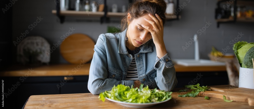 A woman appears frustrated while preparing a salad in a modern kitchen setting, reflecting a sense of stress and contemplation.