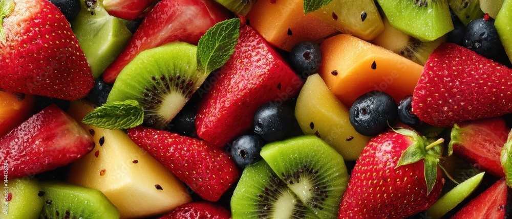 Vibrant assortment of fresh fruits including strawberries, kiwis, and blueberries, perfect for healthy recipes and summer dishes.