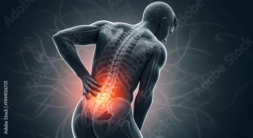 Person with glowing red lumbar spine holding lower back