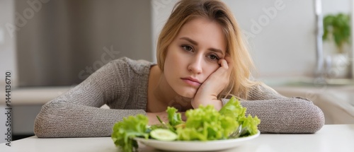 Obraz na płótnie Frustrated woman looking at a salad, expressing disinterest in healthy eating. w salonie
