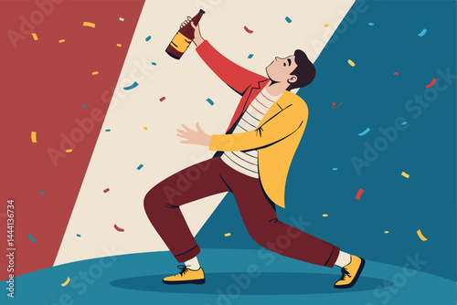 Create a vector illustration of a disheveled, intoxicated man joyously dancing with a playful, energetic dog.  Show exaggerated movement and joyful expressions.