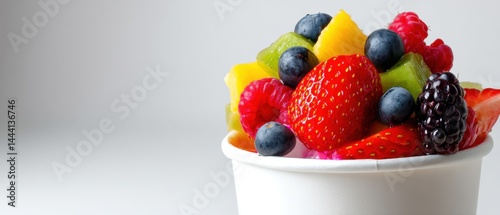 Obraz na płótnie Colorful fruit salad in a white cup featuring strawberries, blueberries, raspberries, and other tropical fruits. w salonie