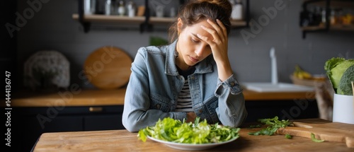 Obraz na płótnie A woman appears frustrated while preparing a salad in a modern kitchen setting, reflecting a sense of stress and contemplation. w salonie