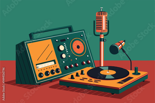 A meticulously detailed image of a vintage radio broadcasting station setup, featuring a classic microphone, turntable, and other period-correct equipment.  Show a warm, inviting atmosphere.