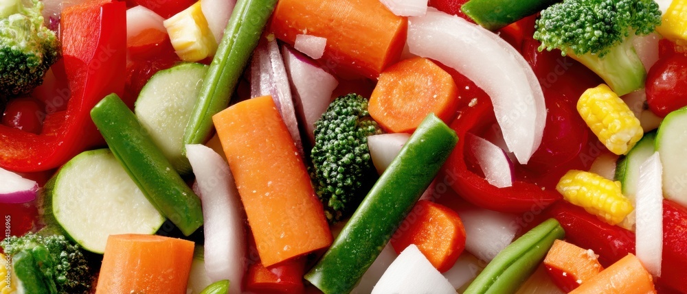 Colorful assortment of fresh, chopped vegetables including carrots, broccoli, and bell peppers, ready for cooking or salad.