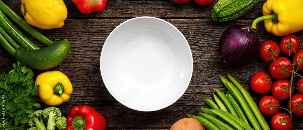 Fresh vegetables arranged around an empty bowl on a rustic wooden surface, creating a vibrant, healthy cooking scene.