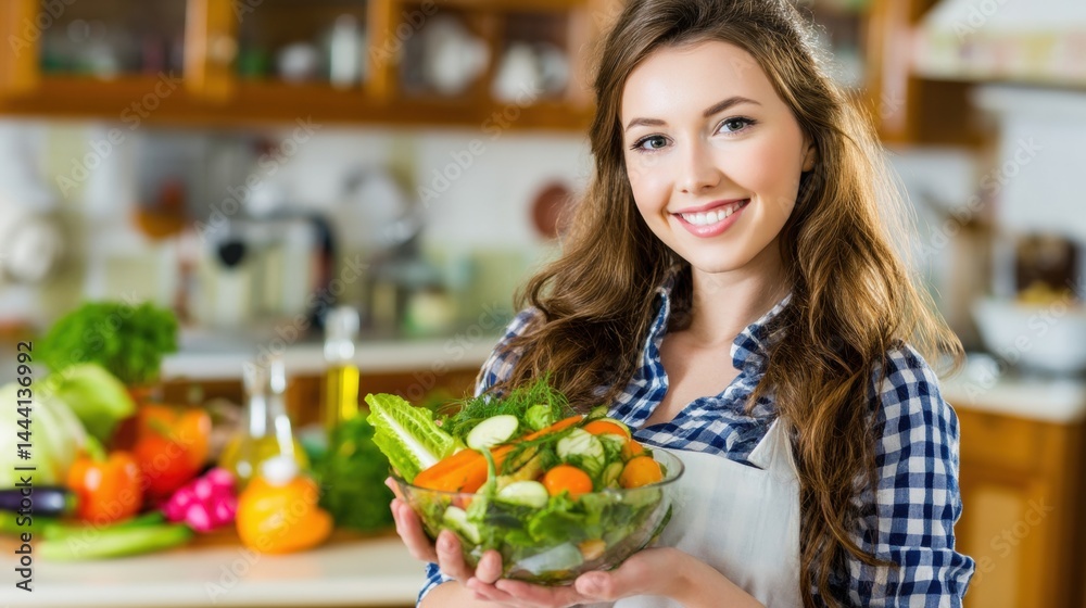 Smiling woman holding a fresh salad in a cozy kitchen filled with colorful vegetables.