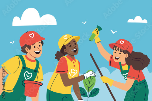 Volunteers collaboratively construct a vibrant, inclusive public playground.  Illustrative vector art depicting community engagement and joyful children's play area.