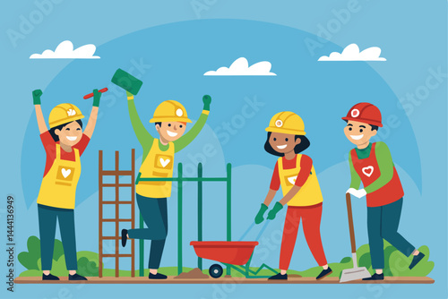 Illustrative vector art depicting a volunteer group collaboratively building a vibrant, accessible public playground for children. Show diverse volunteers working together.