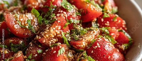 Fresh tomato salad garnished with sesame seeds and herbs, showcasing vibrant colors and textures.