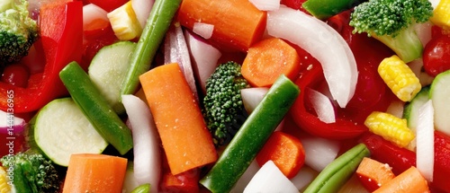 Colorful assortment of fresh, chopped vegetables including carrots, broccoli, and bell peppers, ready for cooking or salad.
