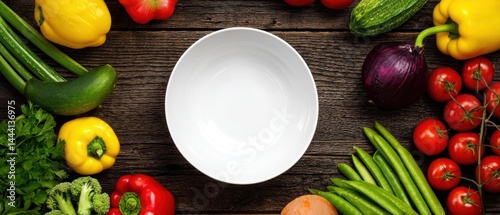 Obraz na płótnie Fresh vegetables arranged around an empty bowl on a rustic wooden surface, creating a vibrant, healthy cooking scene. w salonie