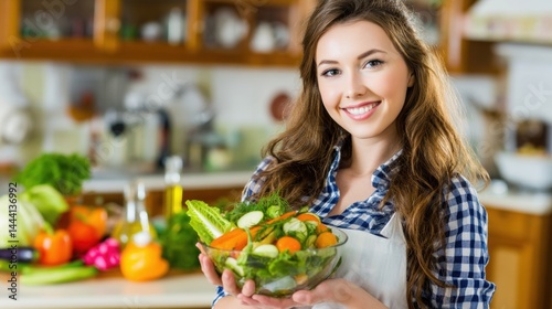 Obraz na płótnie Smiling woman holding a fresh salad in a cozy kitchen filled with colorful vegetables. w salonie