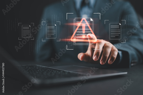 Obraz na płótnie Businessman with laptop with data information privacy and document management hacking and spam warning symbol