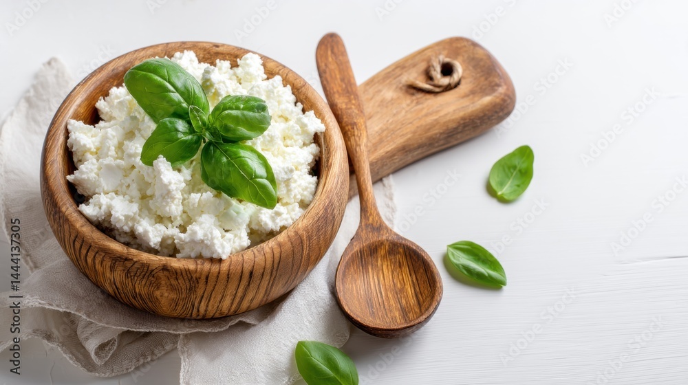 Fresh cottage cheese in a wooden bowl garnished with basil leaves, accompanied by a wooden spoon on a textured surface.