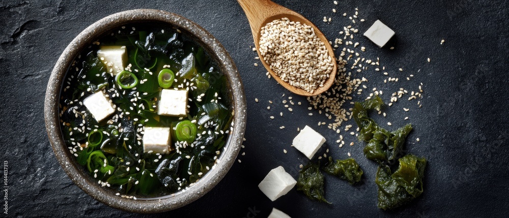 Delicious bowl of seaweed soup with tofu and sesame seeds, set against a dark background.
