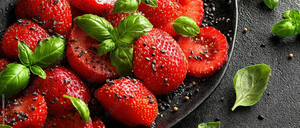 Fresh strawberries garnished with basil leaves on a dark plate, showcasing vibrant colors and textures.