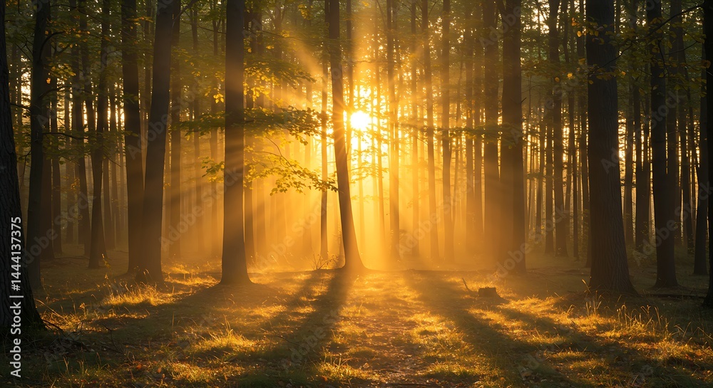 Naklejka premium A peaceful forest at sunrise with golden light filtering through the trees