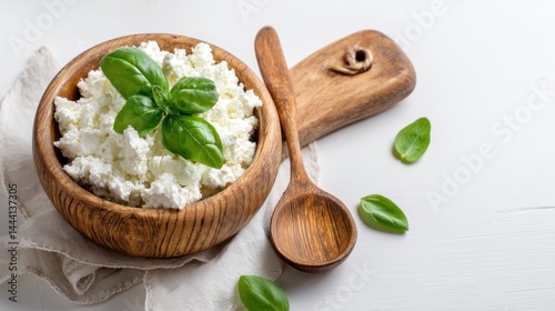 Fresh cottage cheese in a wooden bowl garnished with basil leaves, accompanied by a wooden spoon on a textured surface.
