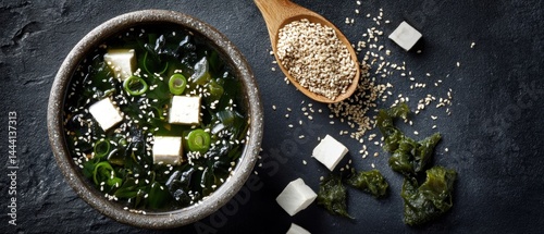 Obraz na płótnie Delicious bowl of seaweed soup with tofu and sesame seeds, set against a dark background. w salonie