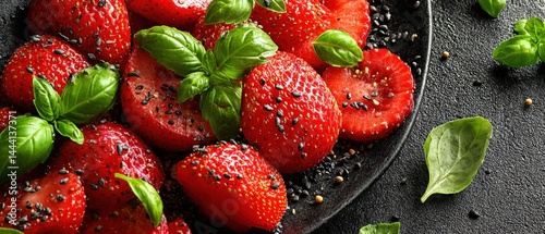Obraz na płótnie Fresh strawberries garnished with basil leaves on a dark plate, showcasing vibrant colors and textures. w salonie