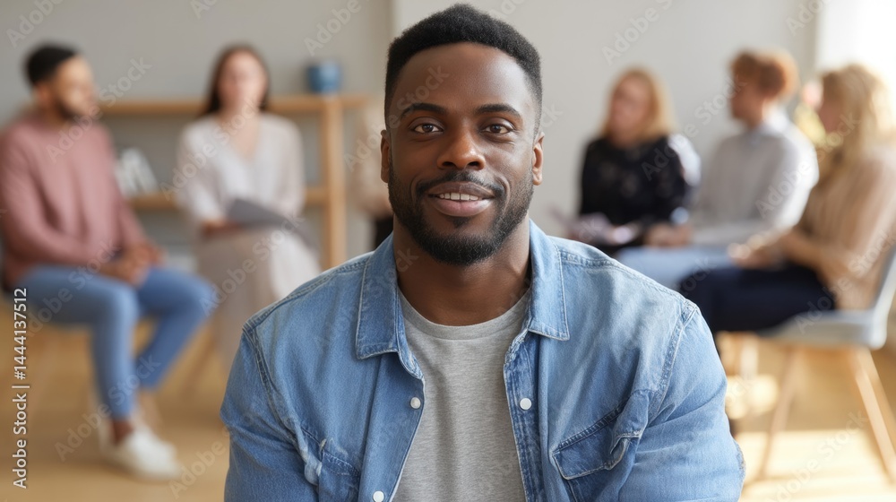 Confident man sitting in a group discussion, engaging with others in a bright, modern setting.
