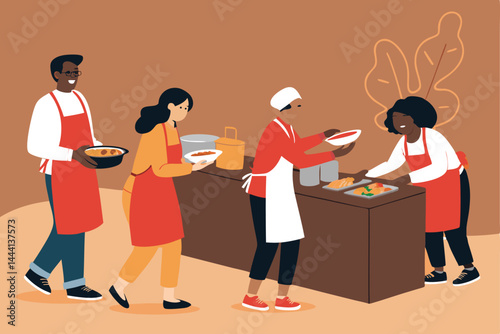 Volunteers diligently prepare and distribute nourishing meals at a bustling soup kitchen, showcasing community support and charitable efforts.
