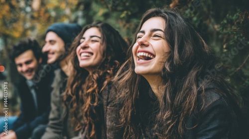 Obraz na płótnie Joyful group of friends laughing together in a natural setting, showcasing happiness and connection. w salonie
