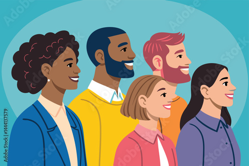 Create a vibrant vector illustration depicting diverse people of various ethnicities, ages, and abilities collaborating in a workplace setting, symbolizing inclusive hiring practices.