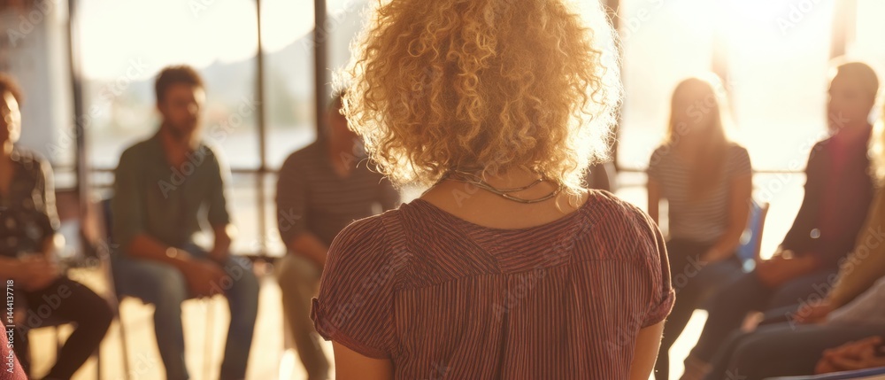 A woman leads a group discussion in a sunlit room, surrounded by attentive participants.