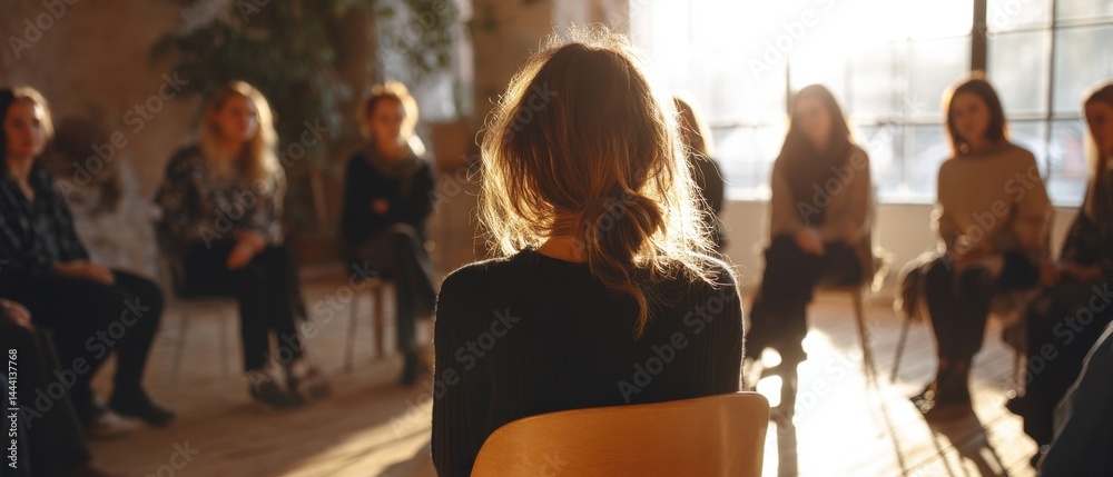 A group of women engaged in a discussion, with soft sunlight illuminating the room and creating a warm atmosphere.