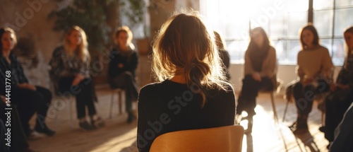 A group of women engaged in a discussion, with soft sunlight illuminating the room and creating a warm atmosphere.