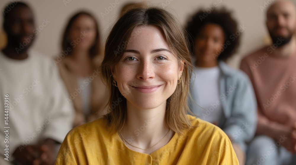 A smiling woman in a yellow shirt, surrounded by a group, exuding warmth and positivity in a soft-focus setting.