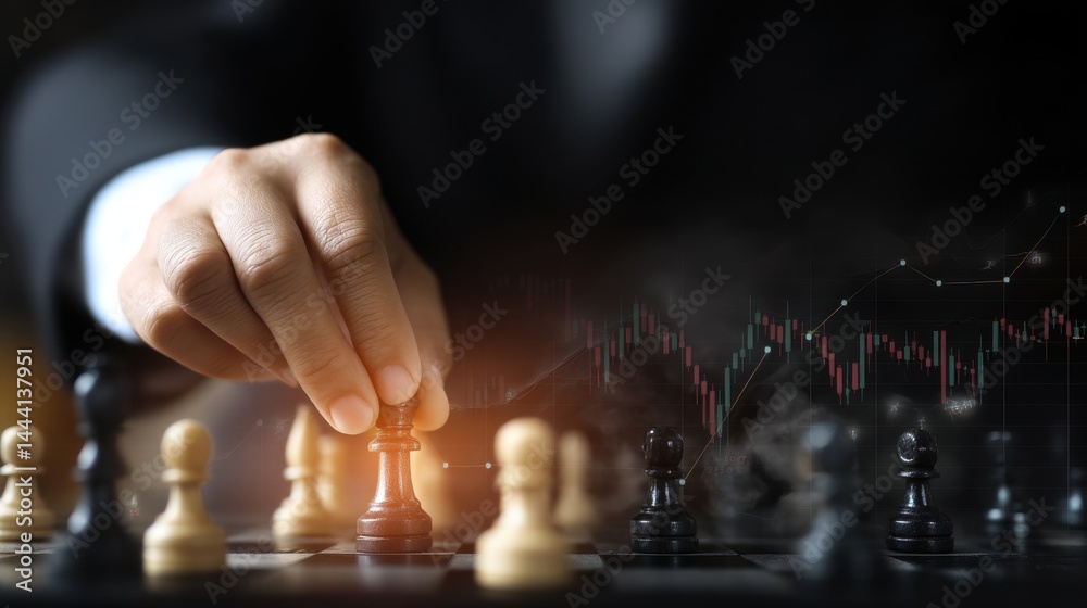 A hand moves a chess piece over a board, with financial data graphics in the background, symbolizing strategic decision-making.