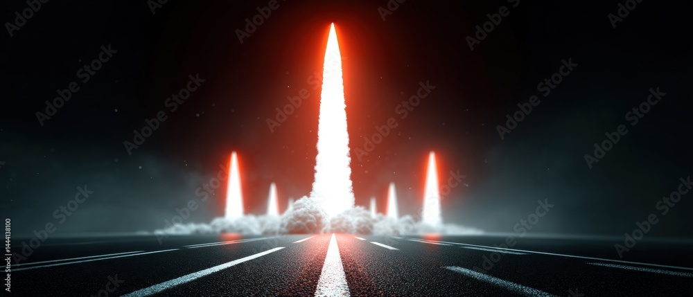 Futuristic rocket launch scene with multiple rockets ascending against a dark background.