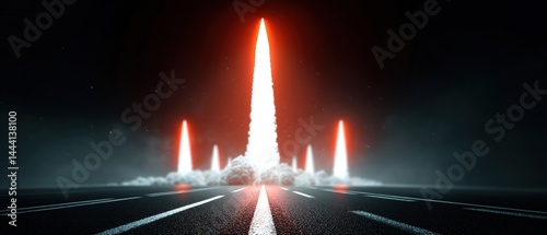 Obraz na płótnie Futuristic rocket launch scene with multiple rockets ascending against a dark background. w salonie