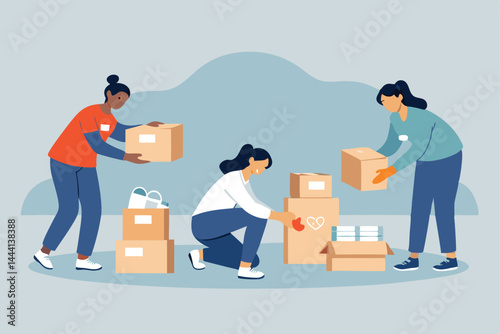 Volunteers diligently sort and pack donation boxes for a charity drive, preparing them for shipment.  A single box is shown being taped shut.